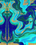 Close-up of an abstract marble-inspired print on blue, turquoise and gold Italian Mulberry silk satin