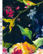 Printed silk satin with repeating painterly bouquets in pink, burgundy, yellow and blue on a midnight blue ground.