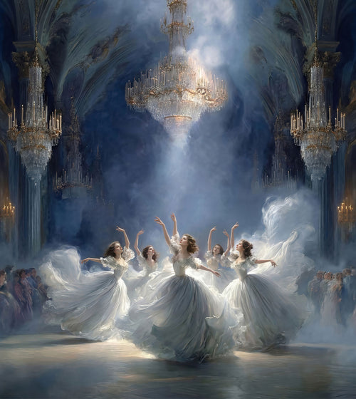 Printed Mulberry silk satin fabric panel with ballet dancers and crystal chandeliers in blue and ivory tones