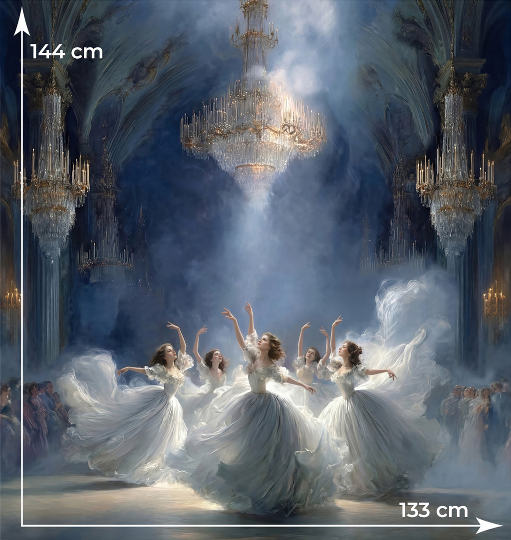 Printed Mulberry silk satin fabric panel featuring elegant ballet dancers and crystal chandeliers in blue and ivory tones