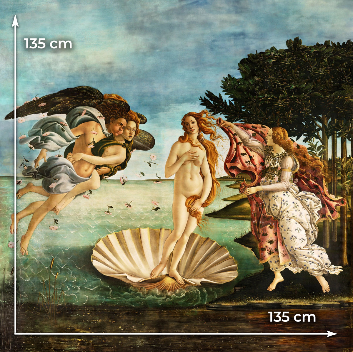 Printed mulberry silk satin fabric panel featuring The Birth of Venus by Sandro Botticelli, made in Italy from luxurious 100% natural silk for couture fashion, scarves and artistic textile creations