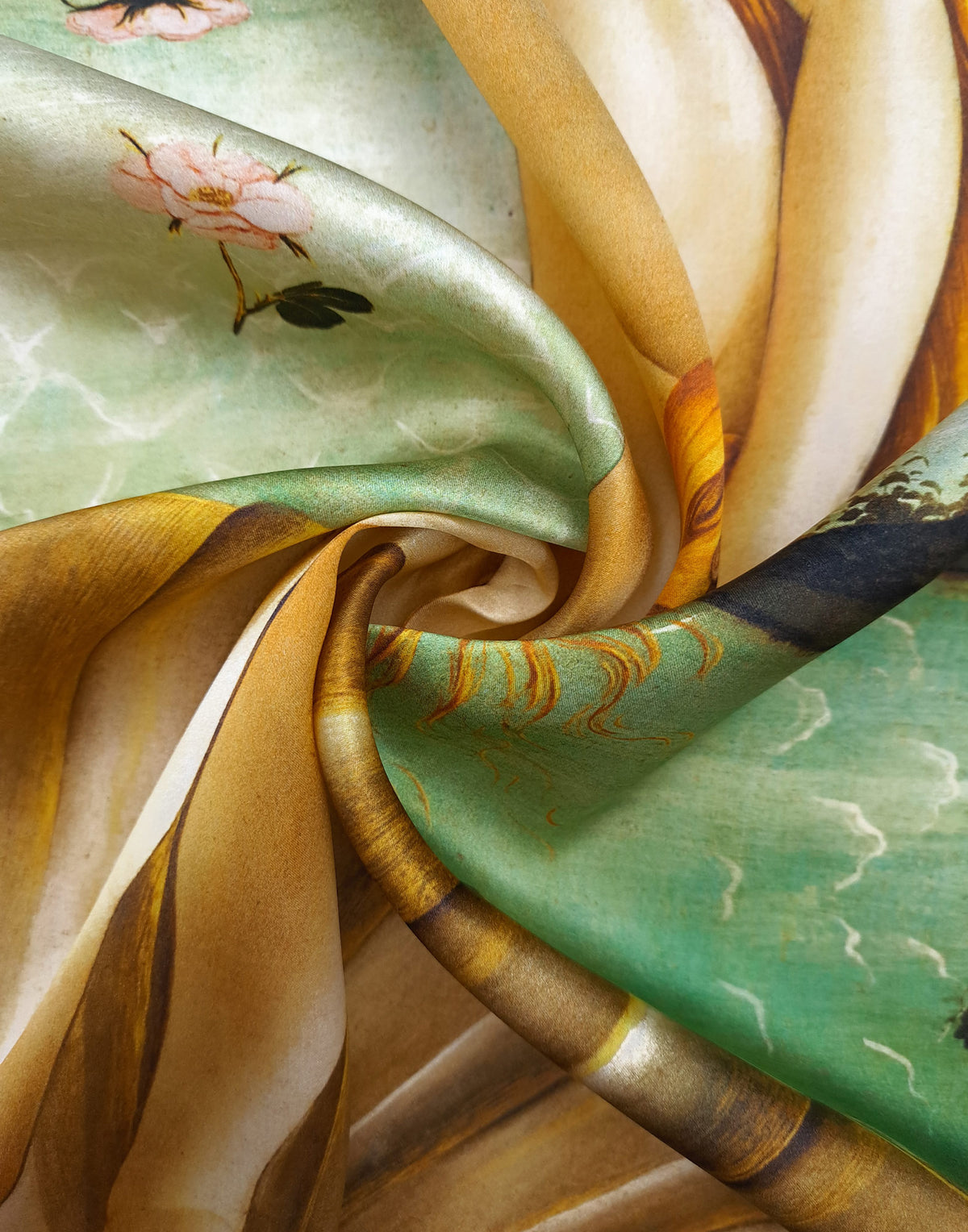 Luxurious printed mulberry silk satin inspired by The Birth of Venus by Sandro Botticelli, showcasing the smooth drape, luminous finish and vibrant colours of premium Italian silk.