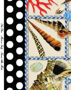 Black border with white polka dots framing the colourful seashell and coral print on Italian silk satin.