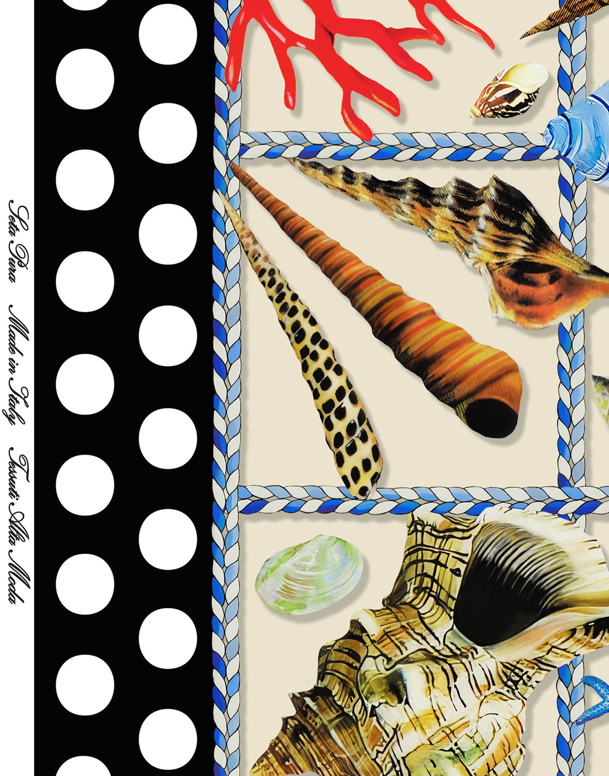 Black border with white polka dots framing the colourful seashell and coral print on Italian silk satin.