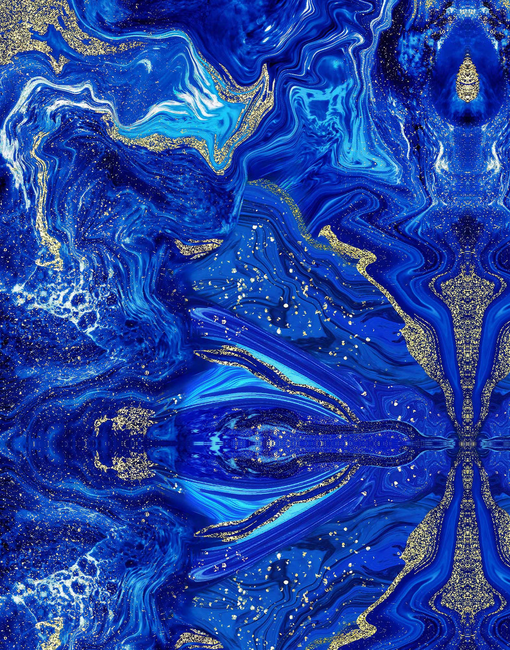 Italian Mulberry silk satin with an artistic agate-inspired pattern in cobalt blue, turquoise and gold tones