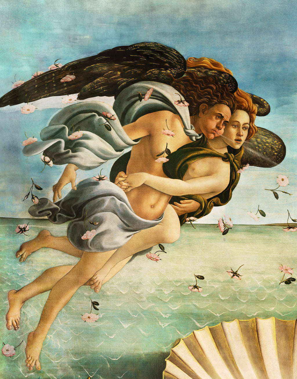 Printed mulberry silk fabric panel featuring Zephyr and Aura from Sandro Botticelli's masterpiece The Birth of Venus, reproduced on premium Italian silk satin.