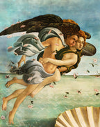 Printed mulberry silk fabric panel featuring Zephyr and Aura from Sandro Botticelli's masterpiece The Birth of Venus, reproduced on premium Italian silk satin.