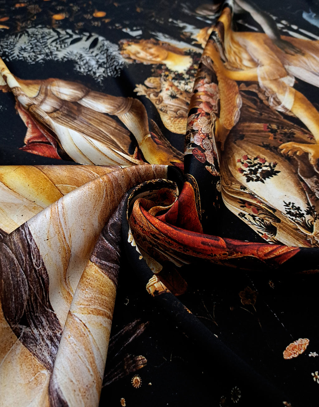 Italian silk satin featuring Venus, Flora and mythological figures from Botticelli’s Renaissance masterpiece Primavera