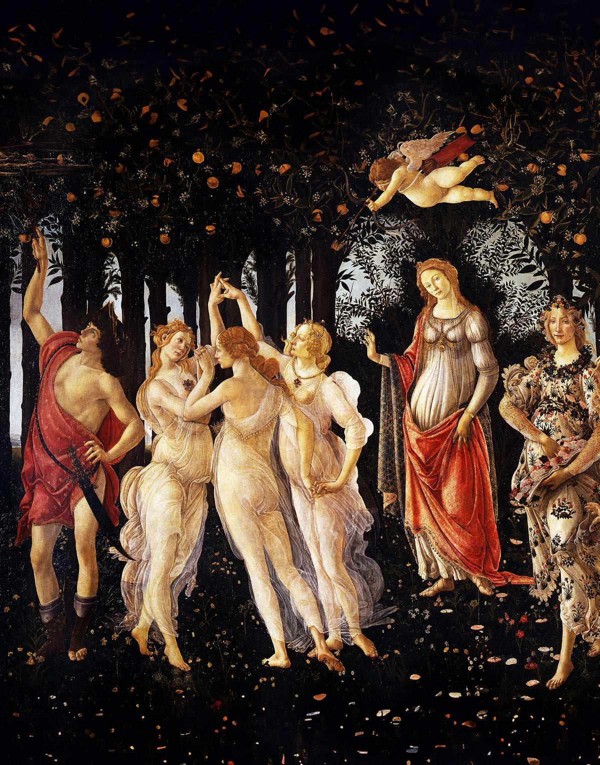 Natural silk satin fabric panel printed with Botticelli’s Primavera, featuring Renaissance figures, flowers and rich red and ivory tones