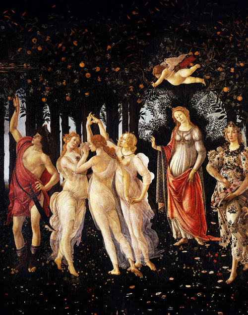 Natural silk satin fabric panel printed with Botticelli’s Primavera, featuring Renaissance figures, flowers and rich red and ivory tones