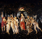Draped natural silk satin printed with Botticelli’s Primavera in rich black, ivory, red and floral tones