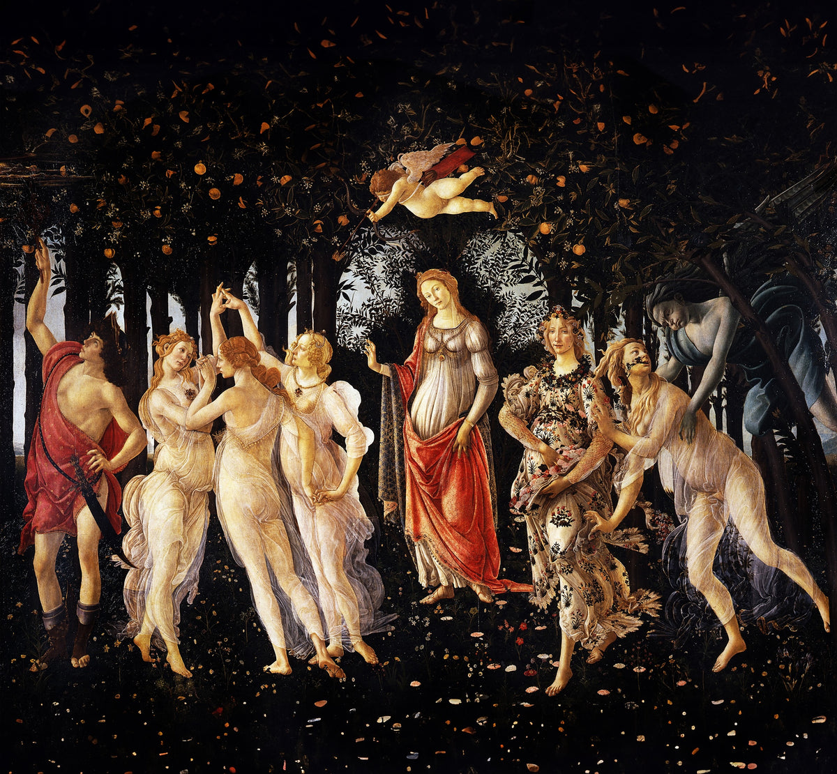 Draped natural silk satin printed with Botticelli’s Primavera in rich black, ivory, red and floral tones