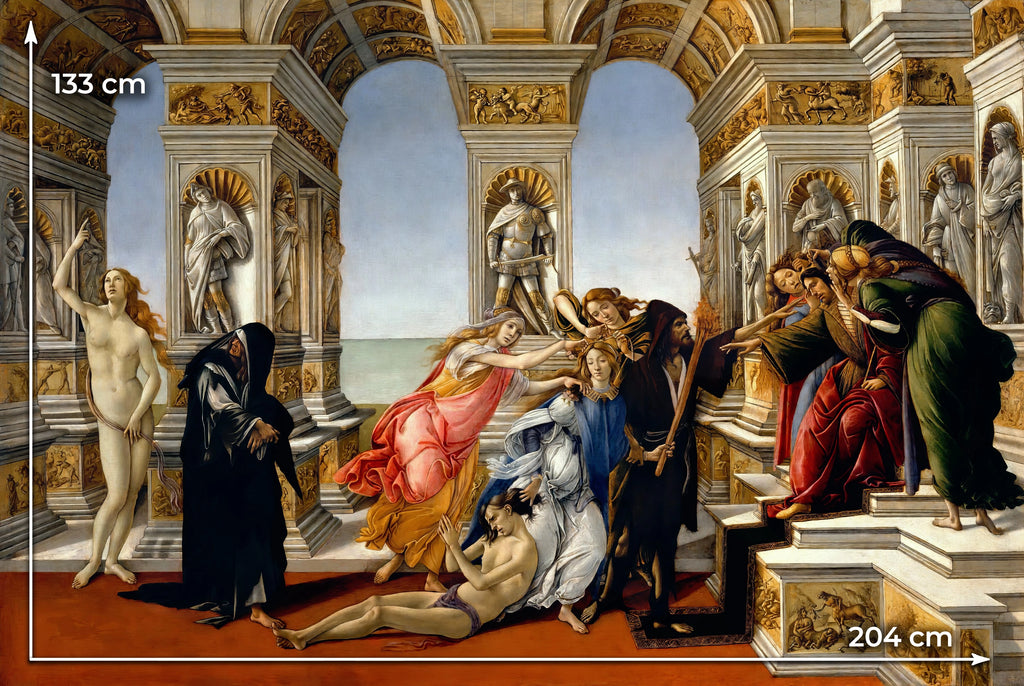 Printed mulberry silk fabric panel featuring Sandro Botticelli's The Calumny of Apelles, made in Italy.