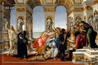 Printed mulberry silk fabric panel featuring Sandro Botticelli's The Calumny of Apelles, made in Italy.