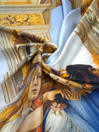 Italian printed mulberry silk satin showcasing Botticelli artwork with a smooth luxurious finish.