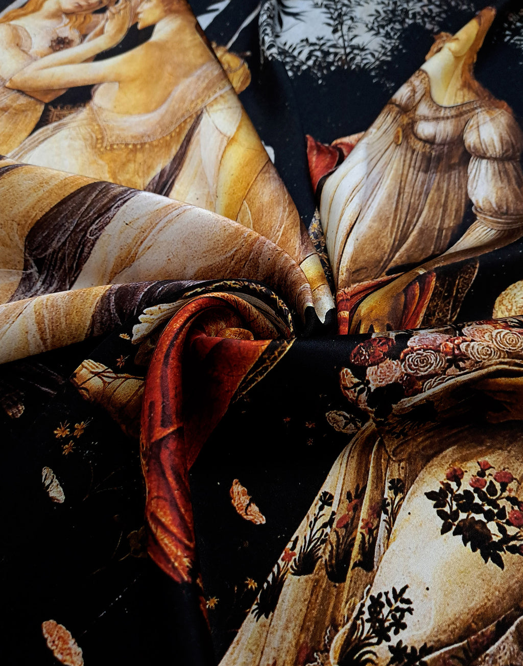 Natural silk satin featuring Flora and the richly embroidered floral motifs from Botticelli’s Primavera