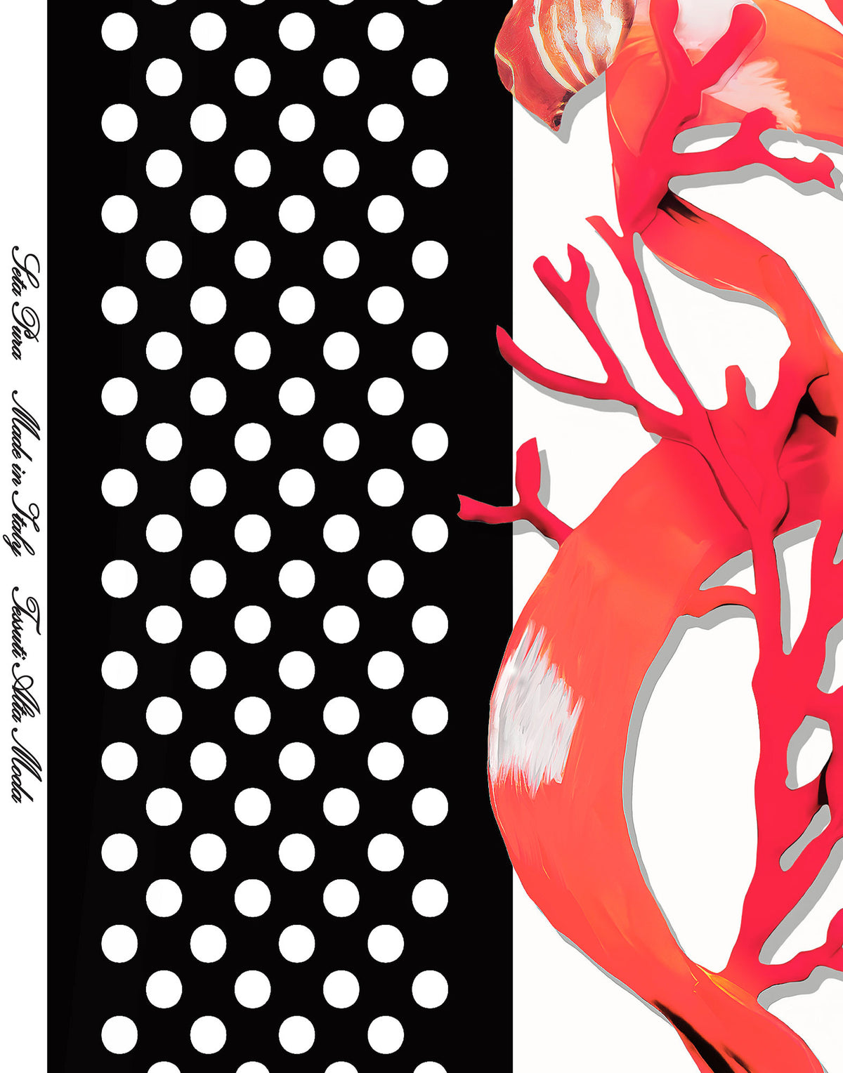Red coral and ribbon motifs beside the black and white polka dot border of the Italian silk satin panel.