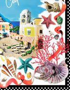 Colorful Capri Island landscape with Italian buildings, seashells, starfish and red coral on printed silk satin.