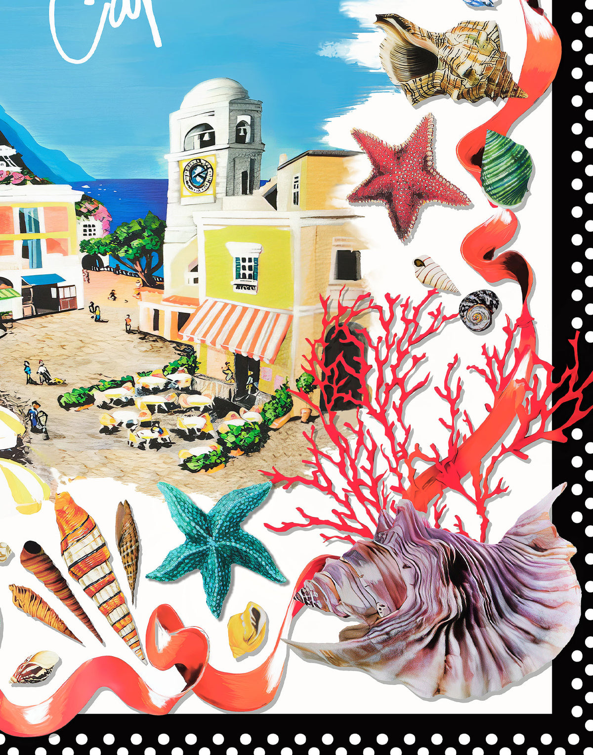 Colorful Capri Island landscape with Italian buildings, seashells, starfish and red coral on printed silk satin.