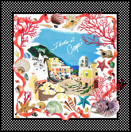 Italian printed silk satin panel featuring a colorful Capri Island landscape surrounded by seashells, starfish, red coral and a black polka dot border.