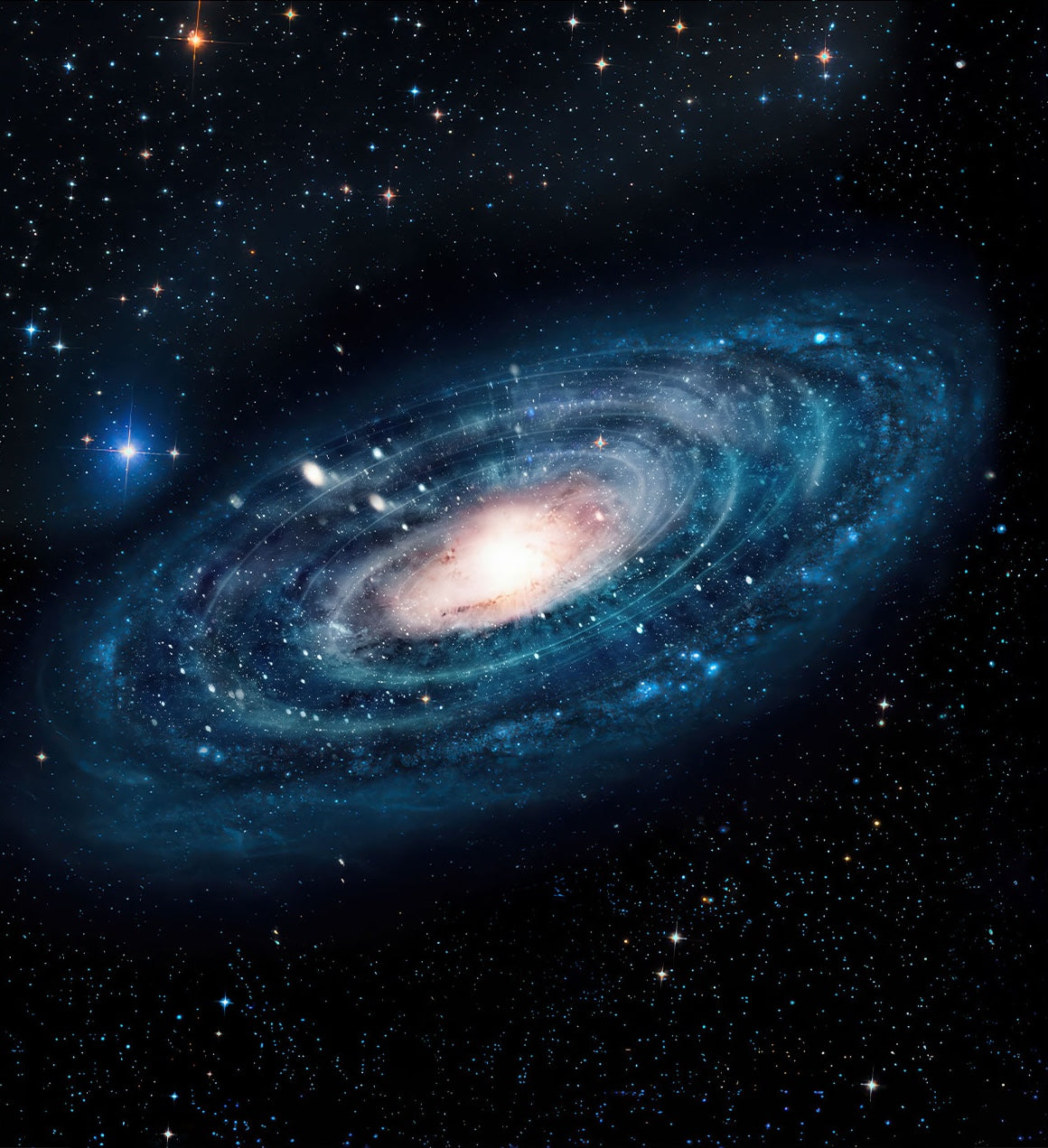 Mulberry silk satin fabric panel featuring a luminous spiral galaxy and stars on a deep blue background