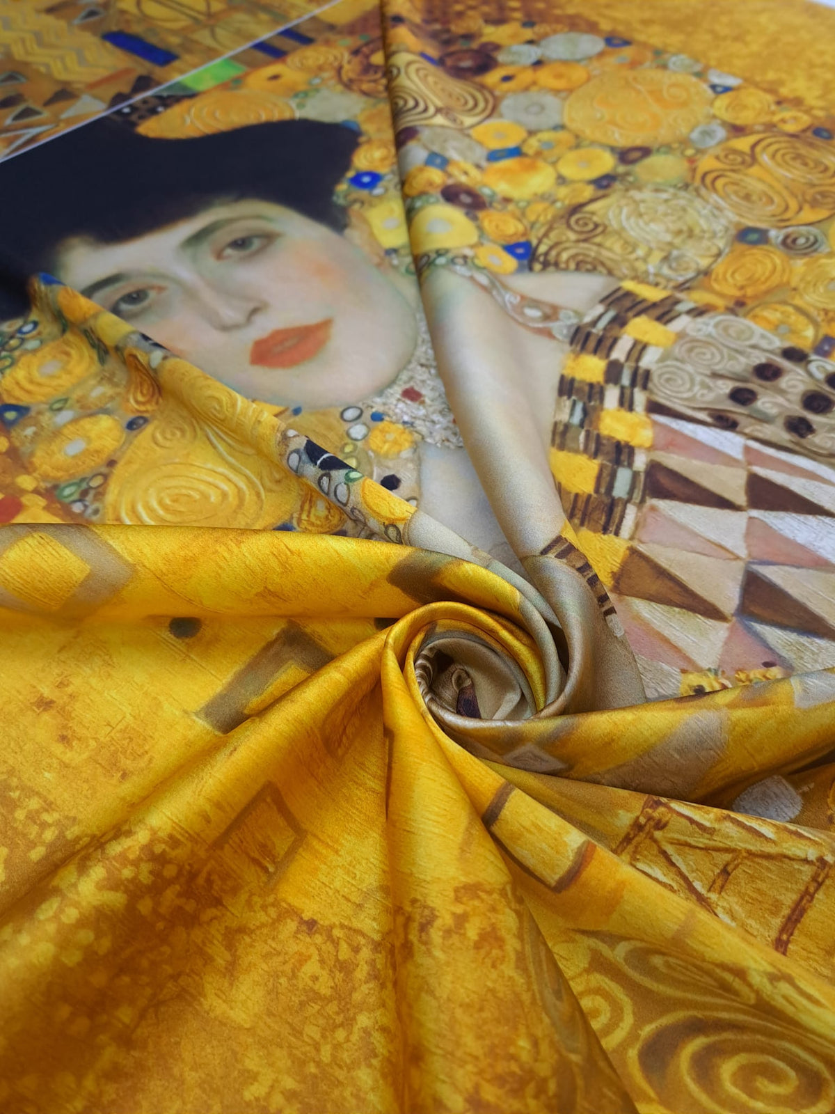 Luxurious 100% natural silk satin made in Italy with Gustav Klimt Woman in Gold print