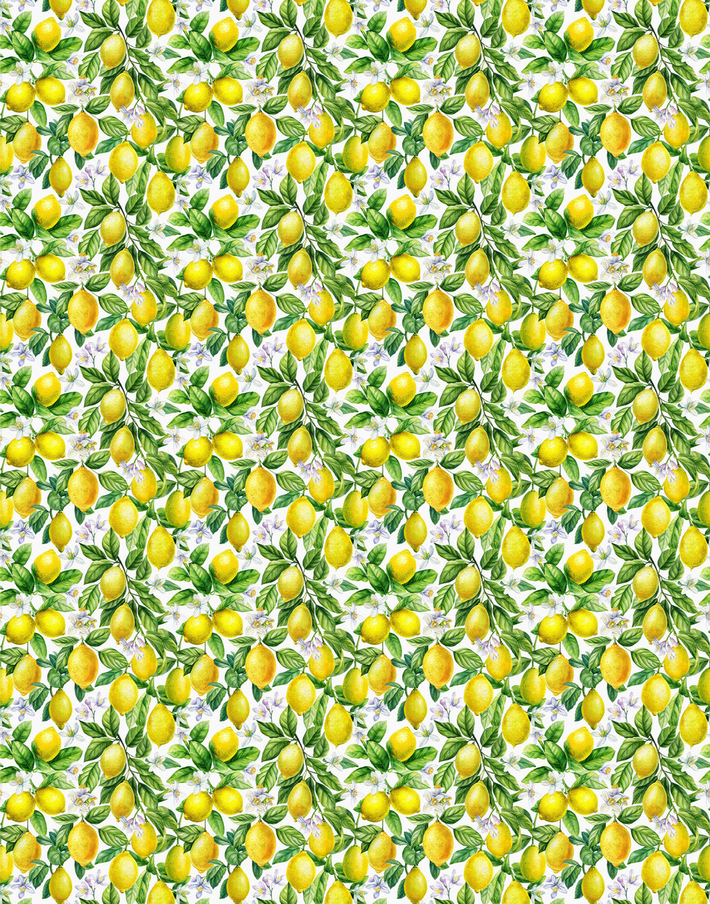 Repeating pattern of yellow lemons, green leaves and citrus blossoms on a white silk satin background.