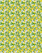 Repeating pattern of yellow lemons, green leaves and citrus blossoms on a white silk satin background.