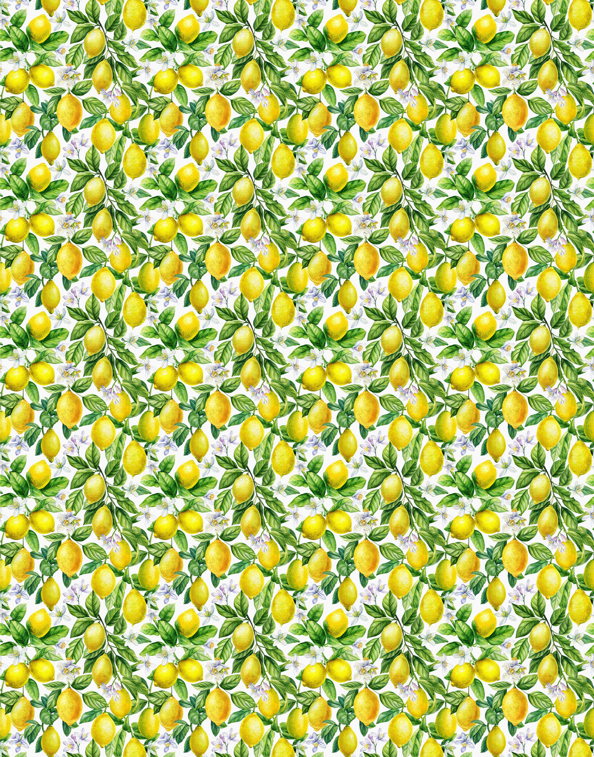 Repeating pattern of yellow lemons, green leaves and citrus blossoms on a white silk satin background.