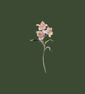 Italian mulberry silk satin panel with pink Alstroemeria flowers on a deep olive green background