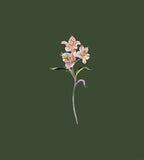 Italian mulberry silk satin panel with pink Alstroemeria flowers on a deep olive green background