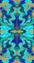 Italian Mulberry silk satin fabric with an abstract marble print in electric blue, turquoise, emerald green and gold tones