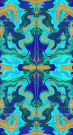Italian Mulberry silk satin fabric with an abstract marble print in electric blue, turquoise, emerald green and gold tones