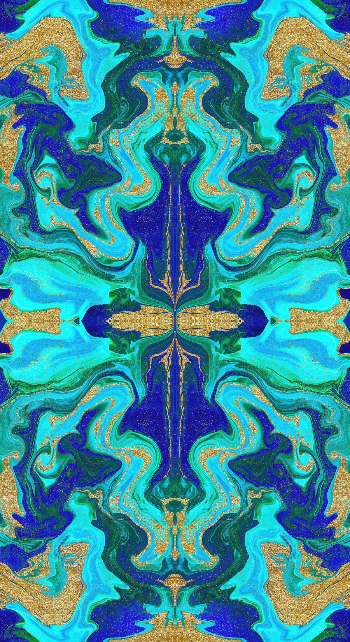 Italian Mulberry silk satin fabric with an abstract marble print in electric blue, turquoise, emerald green and gold tones