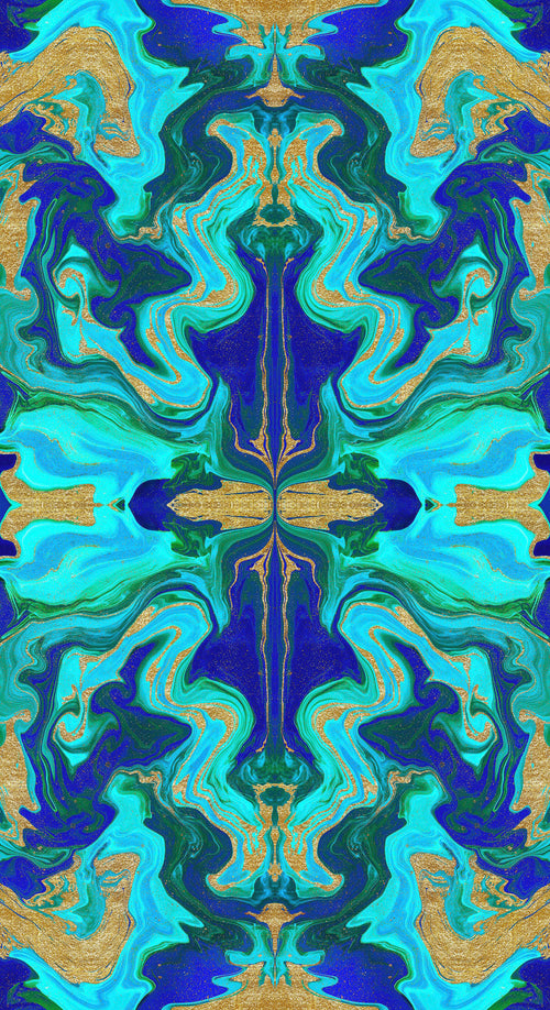 Italian Mulberry silk satin fabric with an abstract marble print in electric blue, turquoise, emerald green and gold tones