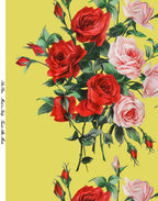 Draped Italian Mulberry silk satin with red and pink roses on a sunny yellow background
