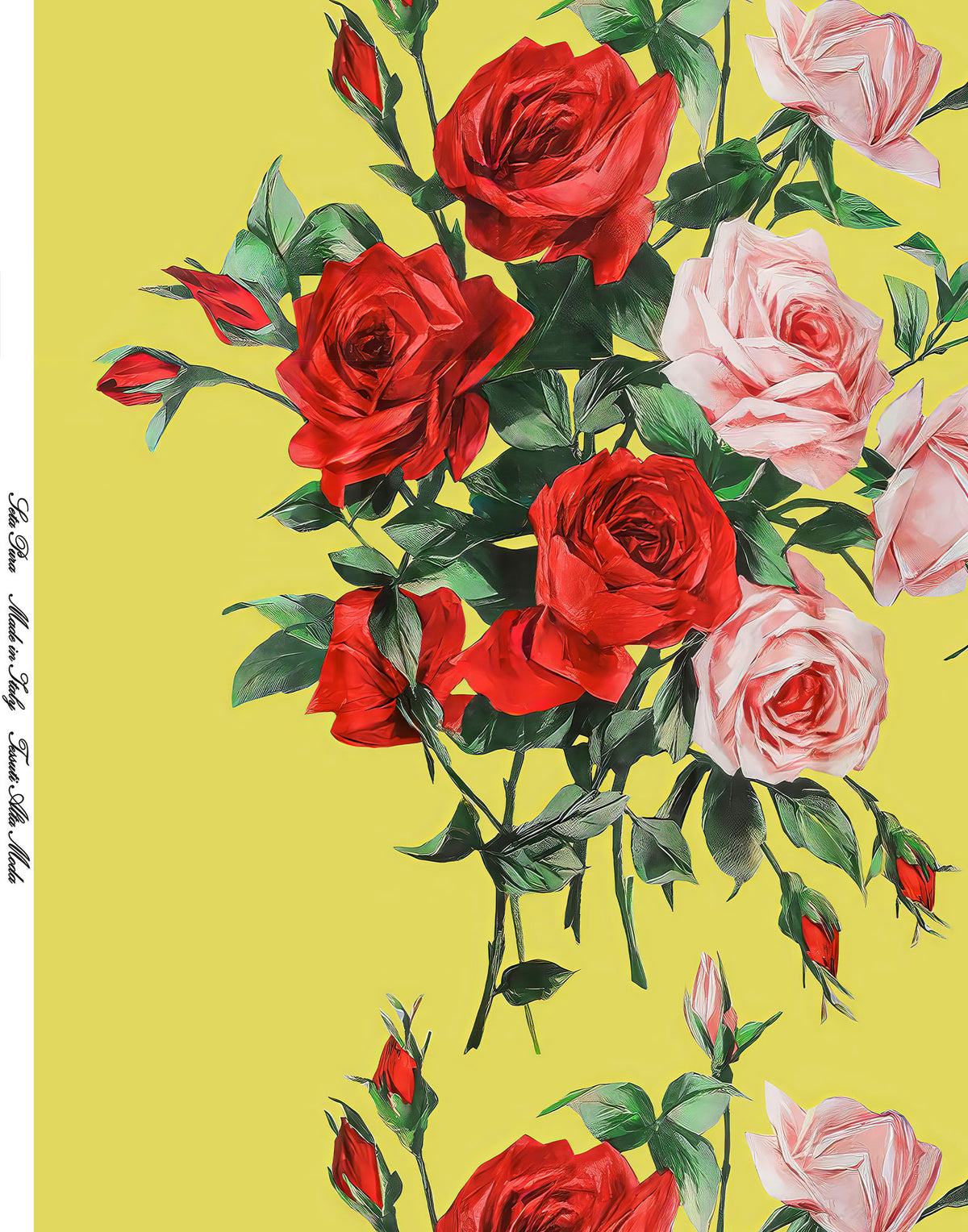 Draped Italian Mulberry silk satin with red and pink roses on a sunny yellow background