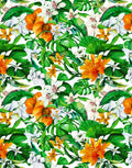 Italian Mulberry silk satin with orange tropical flowers, white orchids and layered green leaves on an ivory background.