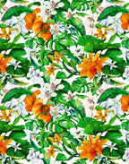 Italian Mulberry silk satin with orange tropical flowers, white orchids and layered green leaves on an ivory background.