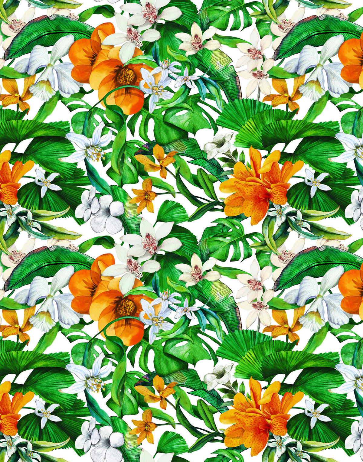 Italian Mulberry silk satin with orange tropical flowers, white orchids and layered green leaves on an ivory background.
