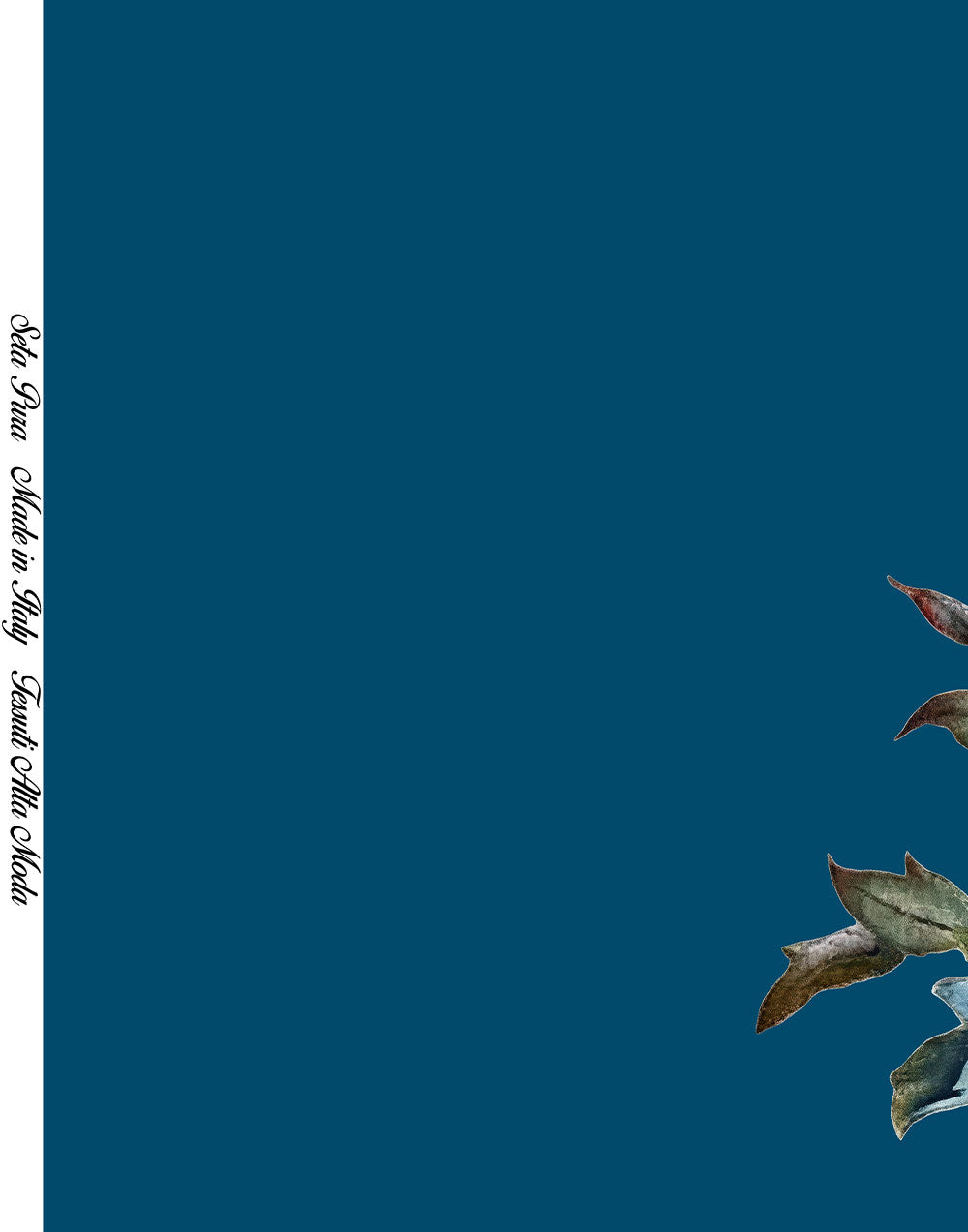 Turquoise-blue silk satin panel with open background space and part of the floral design visible along the edge.