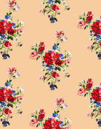 Printed silk satin fabric with elegant red roses and blue flowers on a warm peach background