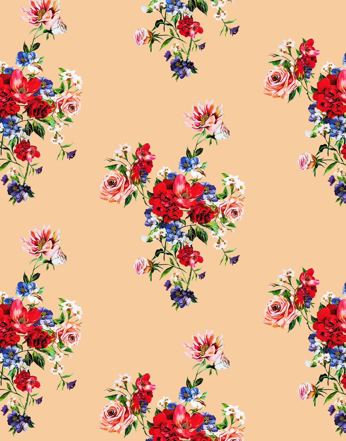 Printed silk satin fabric with elegant red roses and blue flowers on a warm peach background