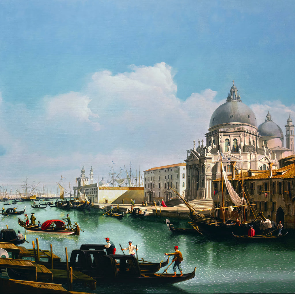 Italian Mulberry silk satin fabric printed with a Venice Grand Canal scene featuring Santa Maria della Salute and gondolas