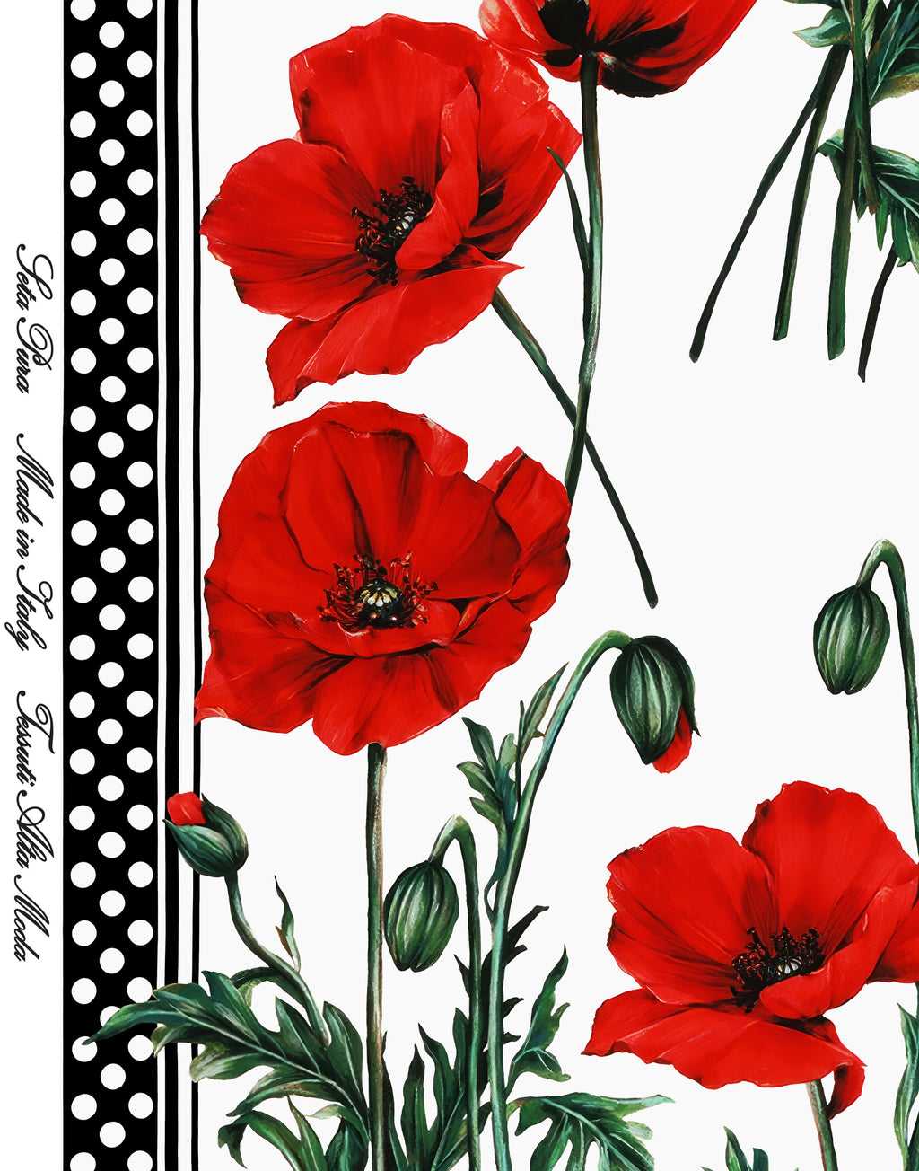 Red poppies and green buds beside a black and white polka-dot border on Italian silk satin.
