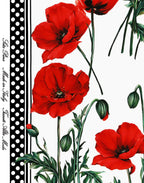 Red poppies and green buds beside a black and white polka-dot border on Italian silk satin.
