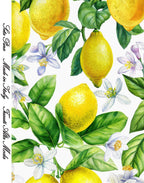 Yellow lemons, green leaves and pale citrus blossoms on white silk satin, beside the Made in Italy inscription.