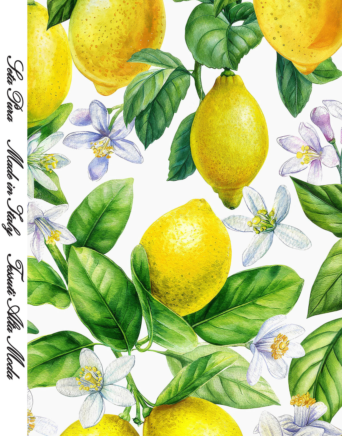 Yellow lemons, green leaves and pale citrus blossoms on white silk satin, beside the Made in Italy inscription.