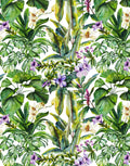 Repeating print on Italian Mulberry silk satin with lilac flowers, pale orchids and layered green tropical leaves on a white background.