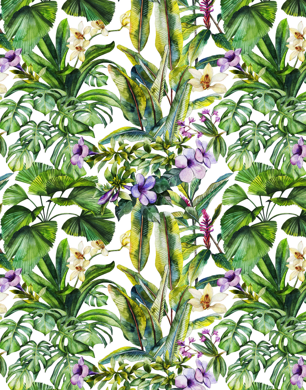 Repeating print on Italian Mulberry silk satin with lilac flowers, pale orchids and layered green tropical leaves on a white background.